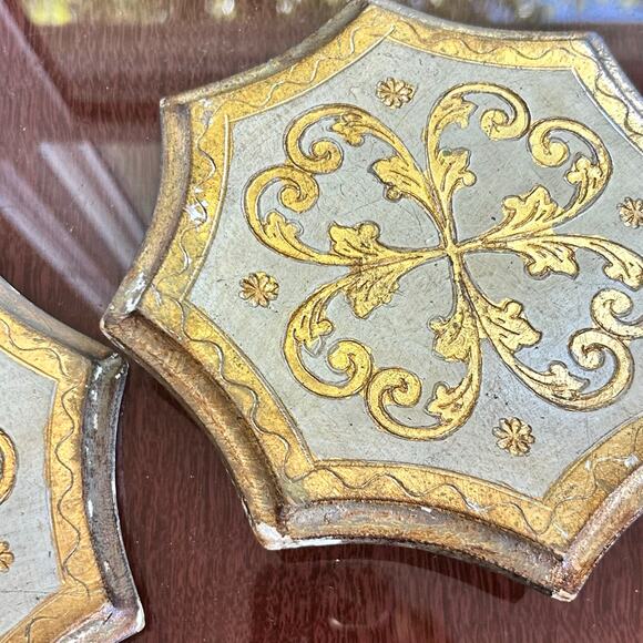 Vintage Italian Florentine Gold Octagon Wooden Wall Plaques – Set of 2 - Picture 9 of 13